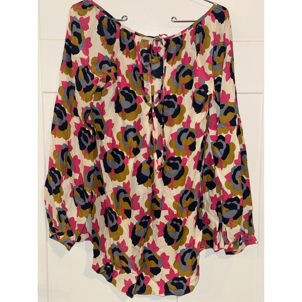 Sophia Eugene Womens 100% Silk Abstract Floral Blouse Keyhole Back Pink Gold M